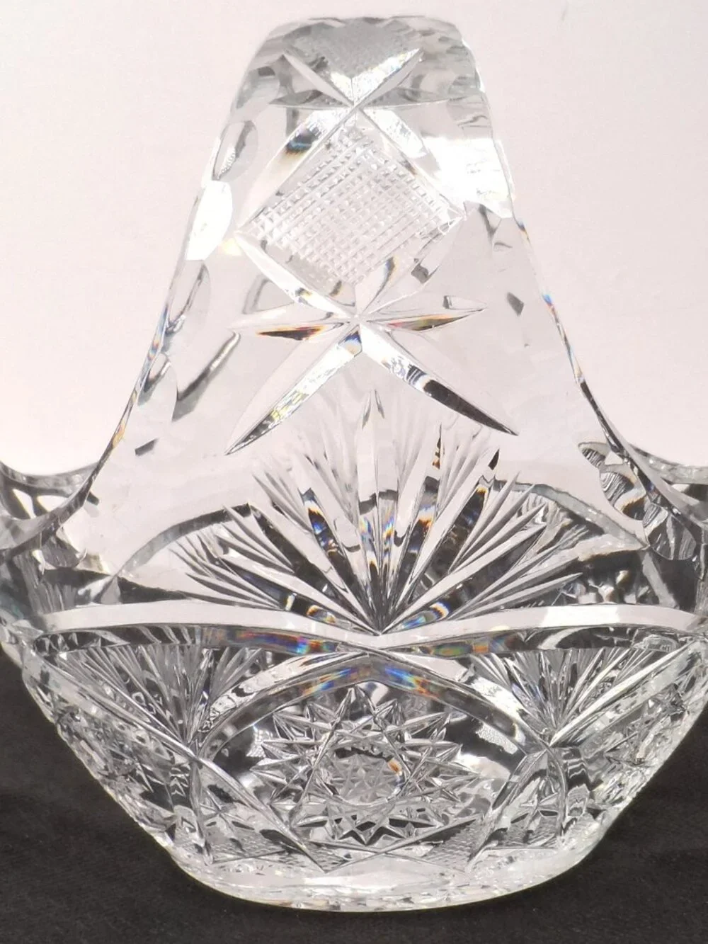 Bohemian Clear Lead Crystal Basket w/Handle Starburst Pinwheel Design 5.75